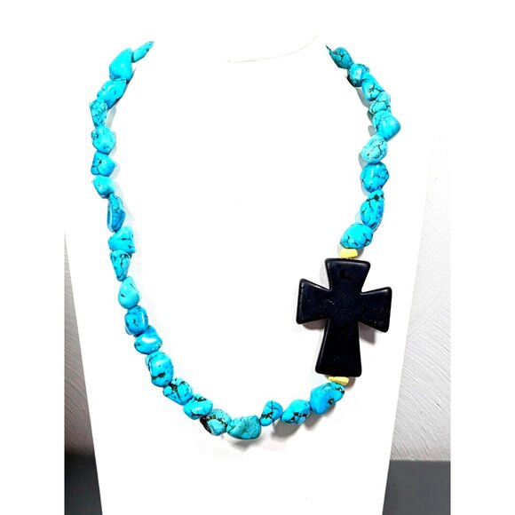 Beachy Coastal Blue Stone Faux Turquoise Black Cross Necklace Bold 20 in - Picture 1 of 12